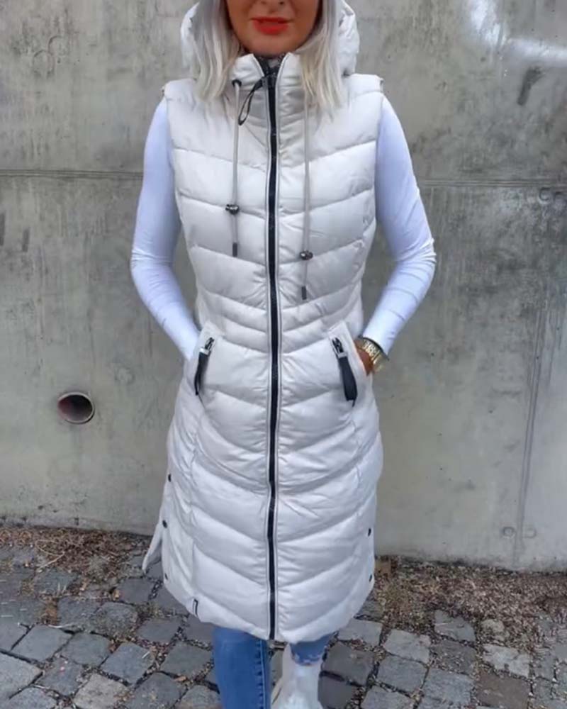 Ärmellose, lässige Steppjacke mit Kapuze und Reißverschluss