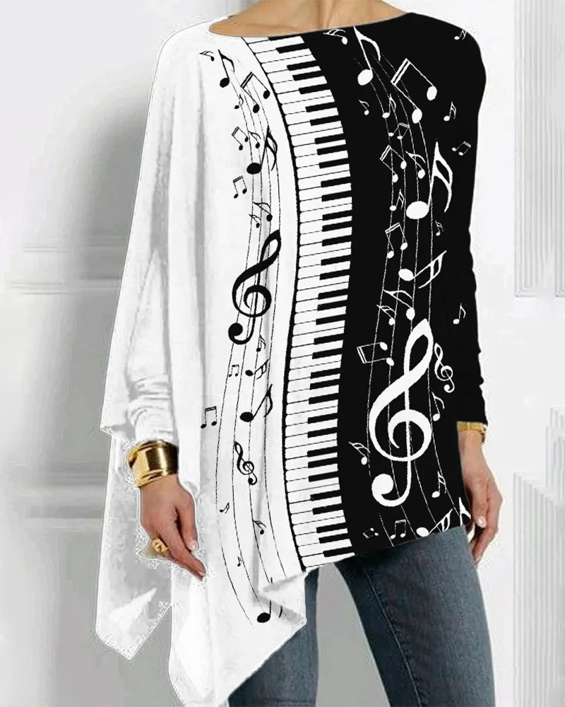 Unregelmäßiges Langarm-Top mit Piano-Print