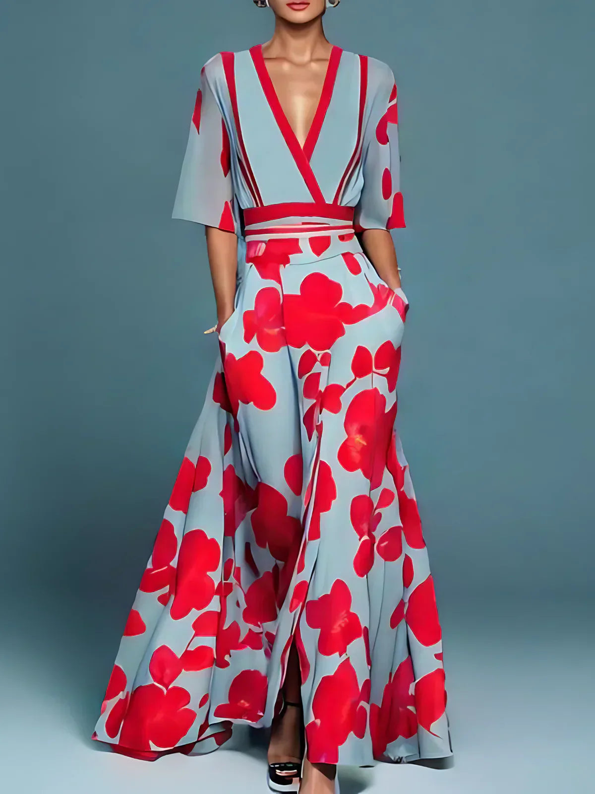 Tiara™ - V-Ausschnitt Blumenkleid Maxi