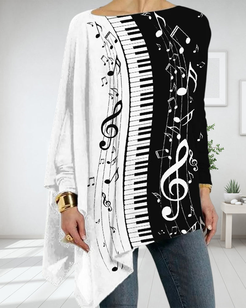 Unregelmäßiges Langarm-Top mit Piano-Print