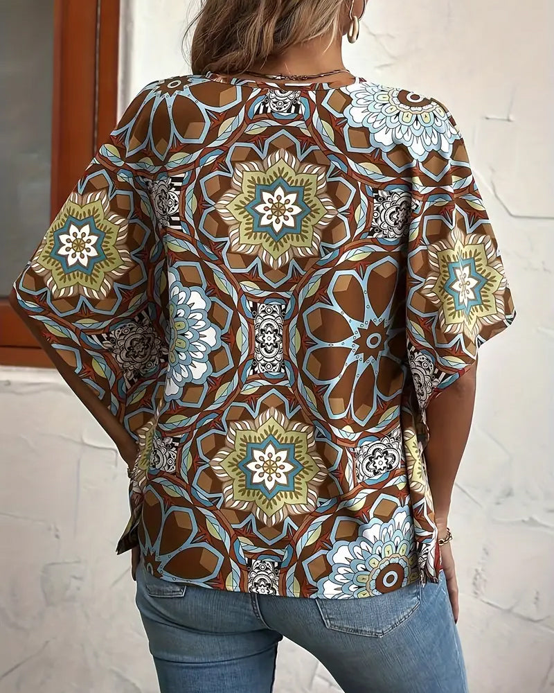 Bluse mit halblangen knöpfen, v-ausschnitt und retro-print