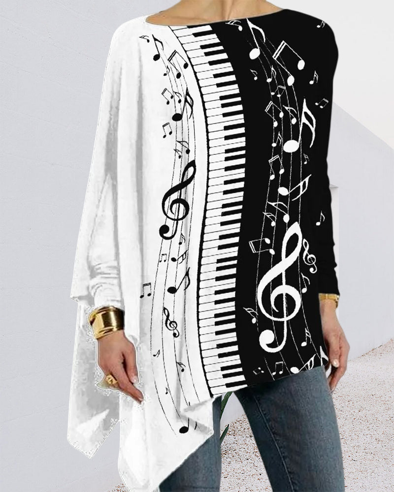 Unregelmäßiges Langarm-Top mit Piano-Print