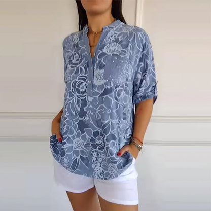 Bluse V-Ausschnitt Button-Down Bedruckt