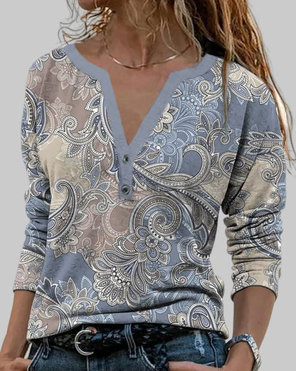 Langarmshirt mit V-Ausschnitt und Paisley-Muster