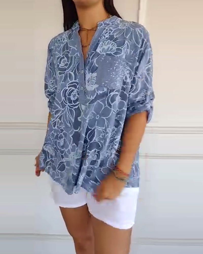 Bluse V-Ausschnitt Button-Down Bedruckt