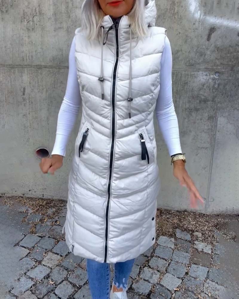 Ärmellose, lässige Steppjacke mit Kapuze und Reißverschluss