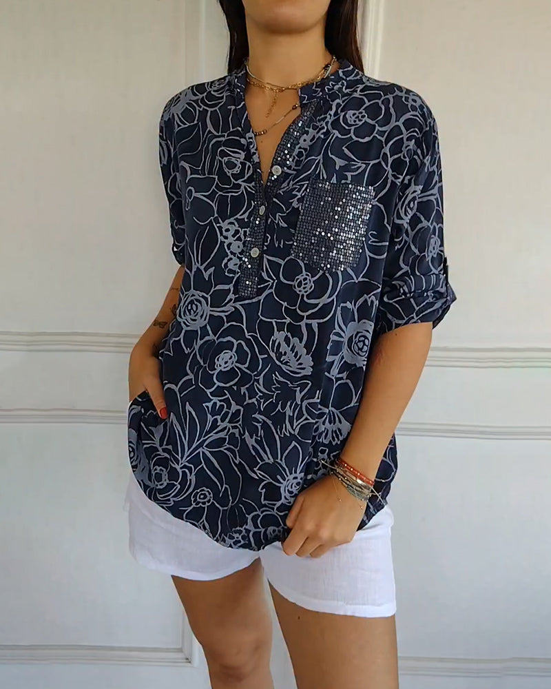 Bluse V-Ausschnitt Button-Down Bedruckt