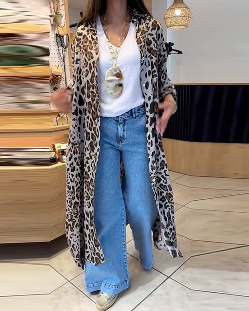 Lani™ - Langer mantel mit leopardenmuster und langen ärmeln und knopf