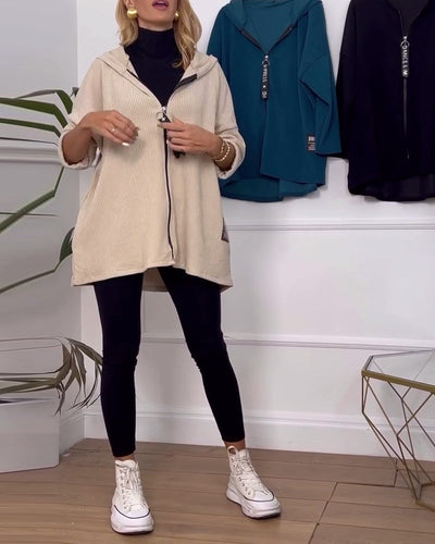 Leora™ - Lässiger einfarbiger mantel mit reißverschluss und kapuze