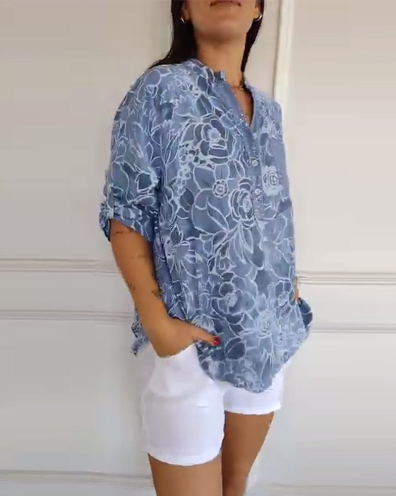 Bluse V-Ausschnitt Button-Down Bedruckt