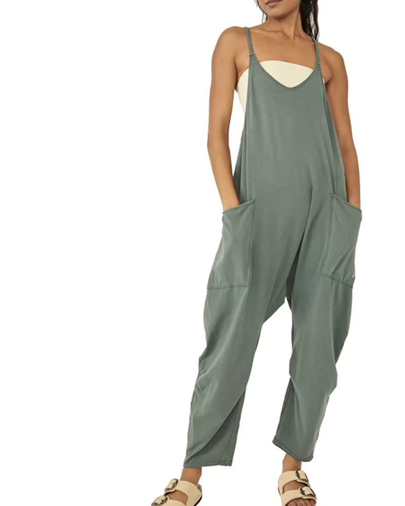 Einfarbiger Jumpsuit mit V-Ausschnitt und Taschen