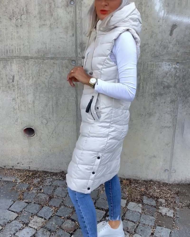 Ärmellose, lässige Steppjacke mit Kapuze und Reißverschluss