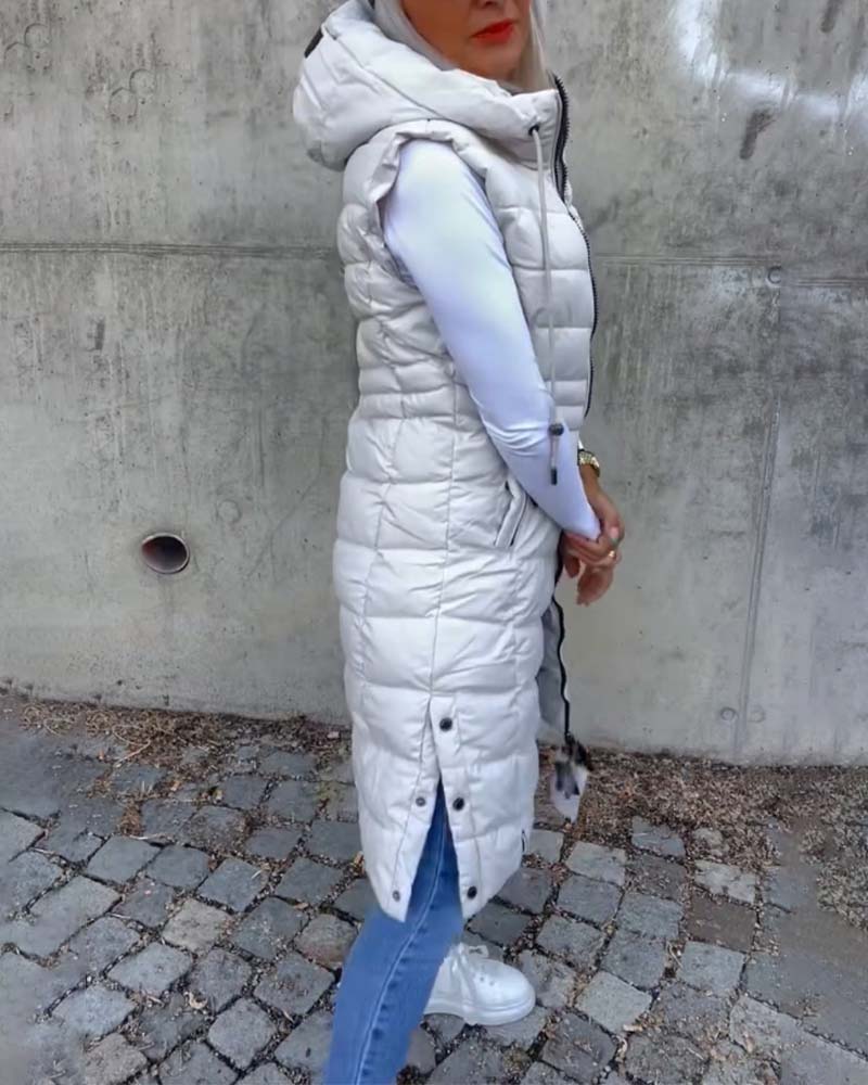 Ärmellose, lässige Steppjacke mit Kapuze und Reißverschluss