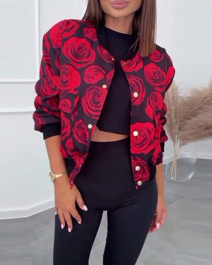 Lässige Jacke mit Knöpfen und Rosen-Print