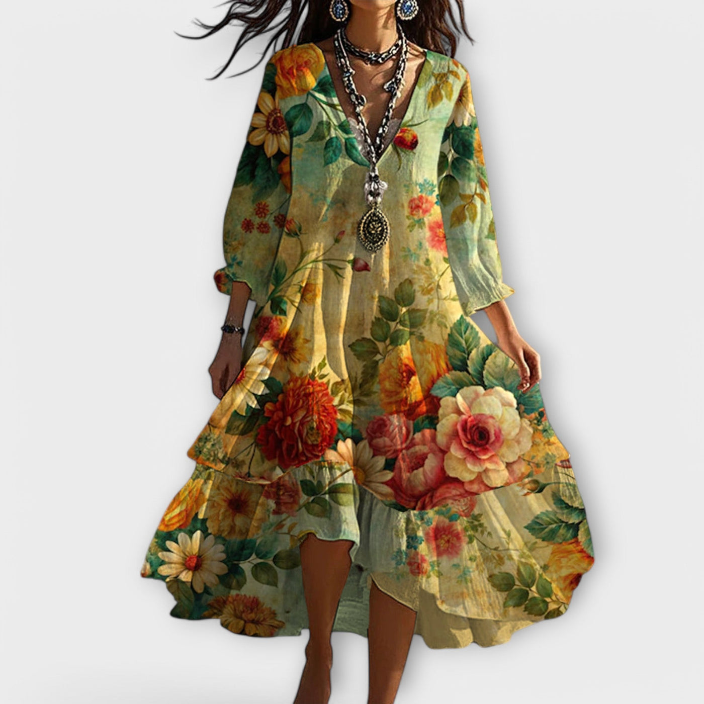 Marina™ - Vintage Boho Blumenmuster V-Ausschnitt Kleid